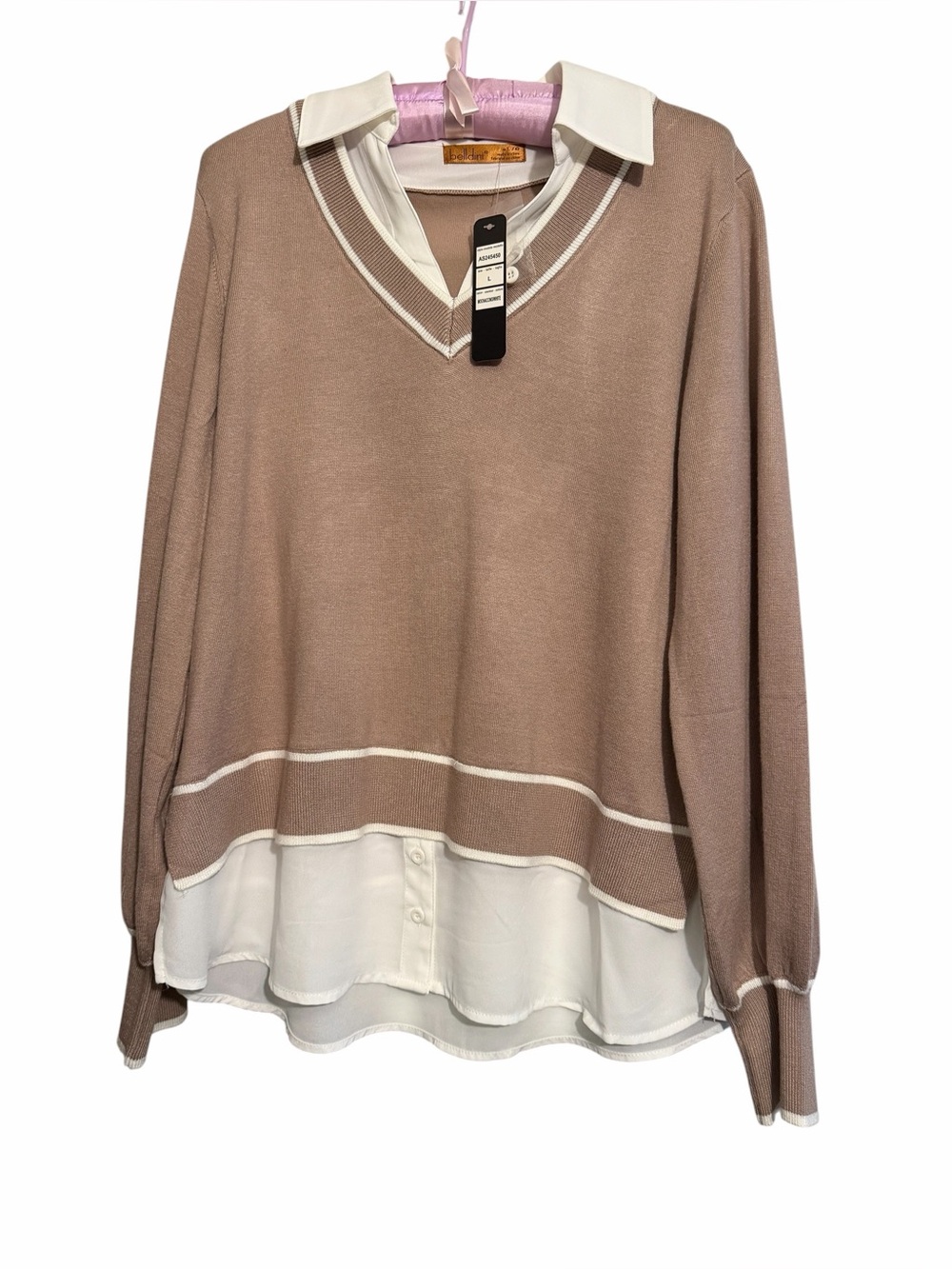 Belldini size large tan & white v- neck sweater with mock silky collared blouse